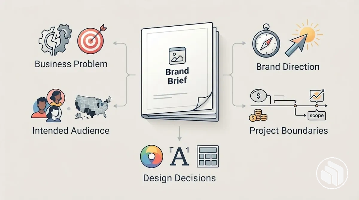 Diagrama com as principais categorias de planejamento esclarecidas por um briefing de identidade de marca antes do design