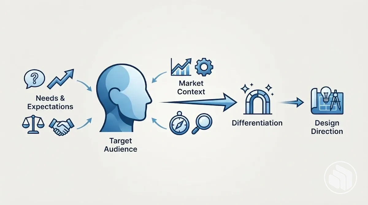 Diagrama que mostra necessidades e expectativas do público-alvo, contexto de mercado, diferenciação e suas implicações para a direção de design