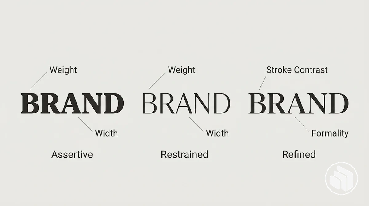 Exemplos anotados de fontes mostrando como peso, largura e contraste de traço podem mudar a personalidade da marca.