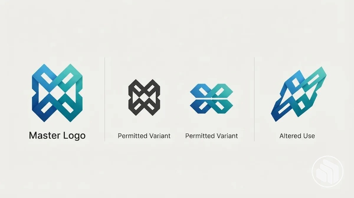 Logotipo mestre aprovado e variantes permitidas contrastados com uma aplicação de logotipo alterada