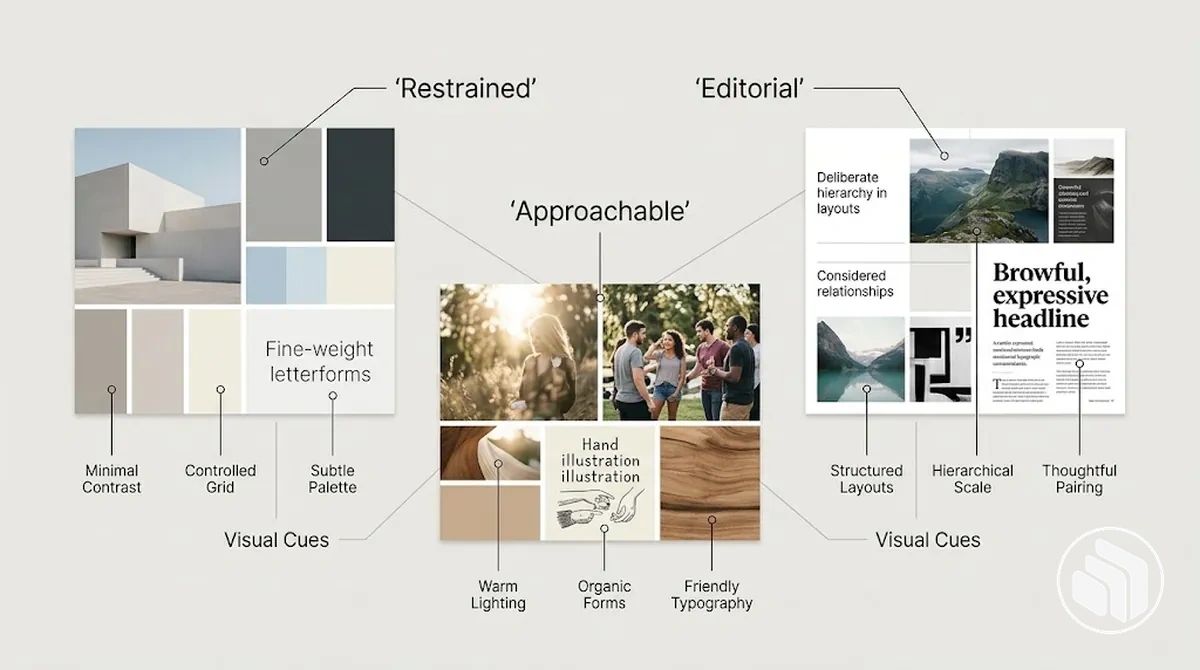 Görsel niteliklerin görüntü, kompozisyon, renk ve tip ipuçlarıyla ilişkilendirildiği açıklamalı moodboard